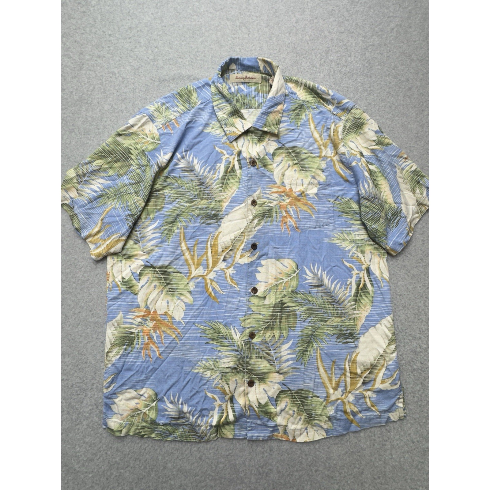 Tommy Bahama Shirt Mens Extra Large Blue Silk Palm Tree Print Coastal Beach Camp